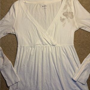 Hollister White Long Sleeve Wrap Top with Butterfly Design